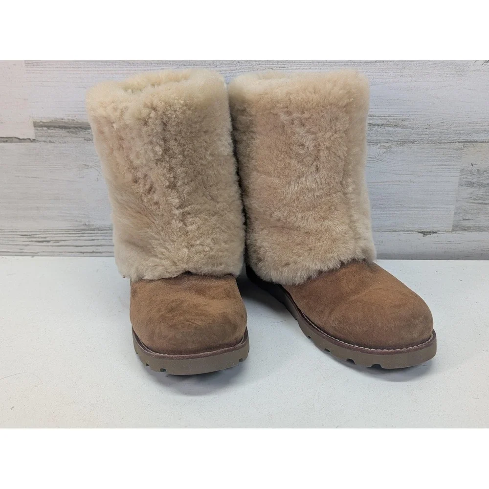 UGG Boots Womens Size 6 Brown Suede Shearling Lined Mid-Calf Pull On Sheepskin
